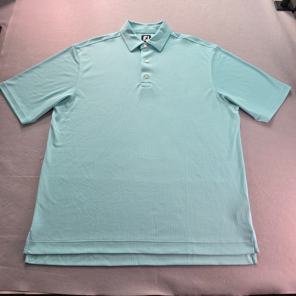 FootJoy FJ Mens XL Golf Polo Shirt Aqua Blue White Checkered Short Sleeve Logo